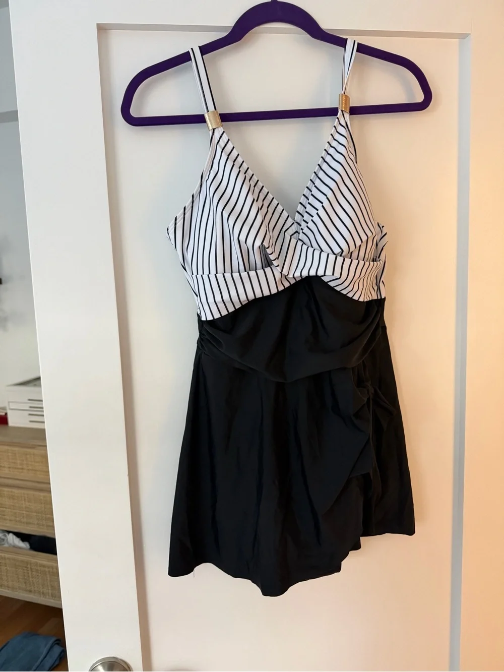 Striped V-Neck Swimdress with Black Skirt